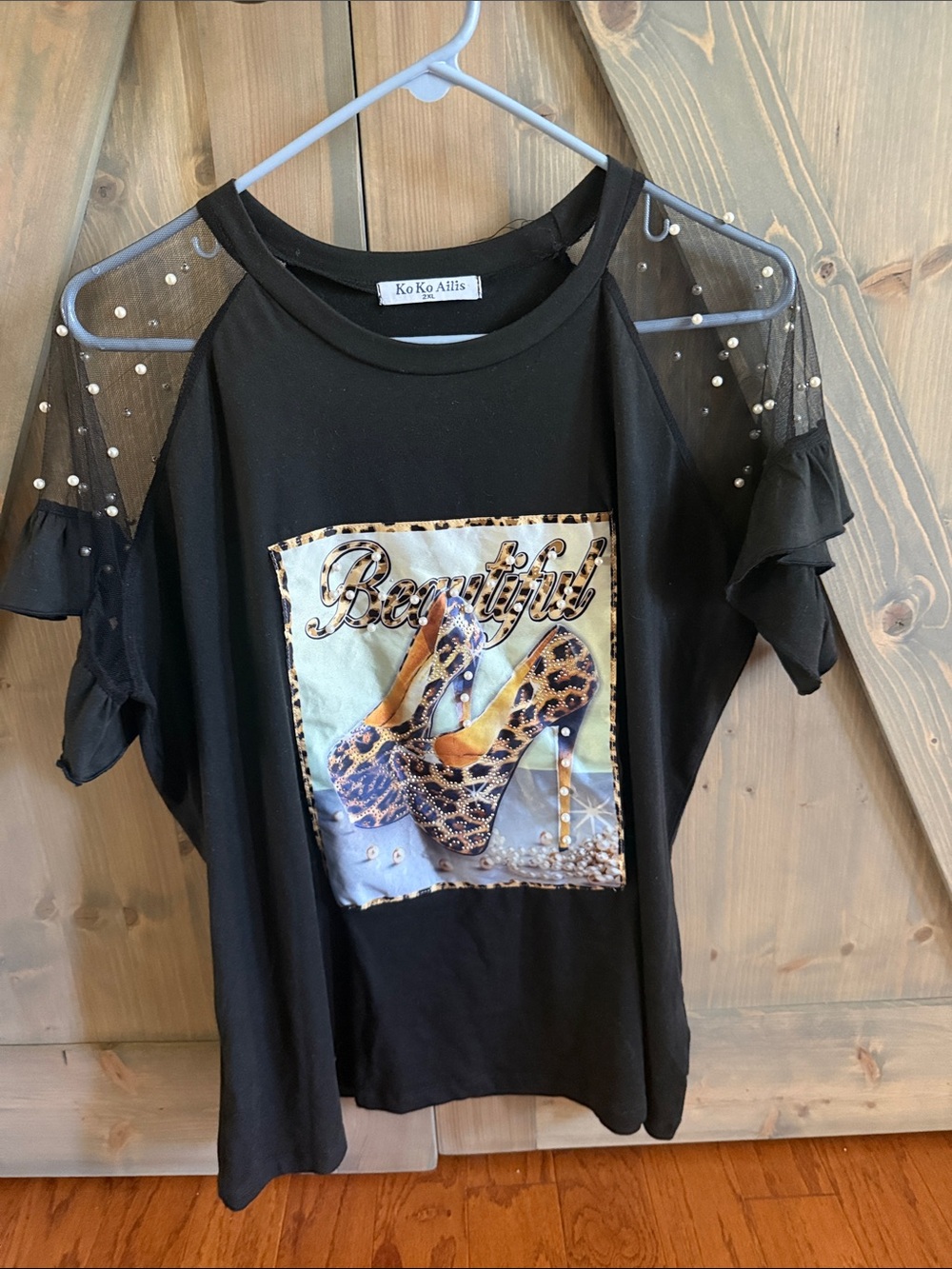 Black 'Beautiful' Pearl-Trim Cold Shoulder Top